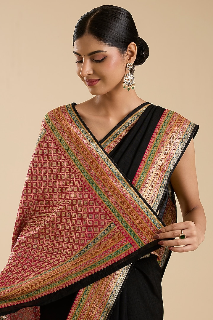 Black Pashmina Silk Zari Embroidered Festive Saree Set by NARMADESHWARI at Pernia's Pop Up Shop
