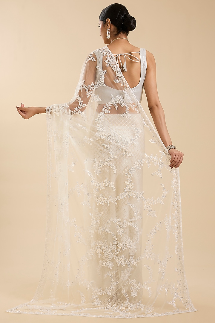 Cream Net Cutdana & Sequin Embellished Party Wear Saree Set by NARMADESHWARI at Pernia's Pop Up Shop