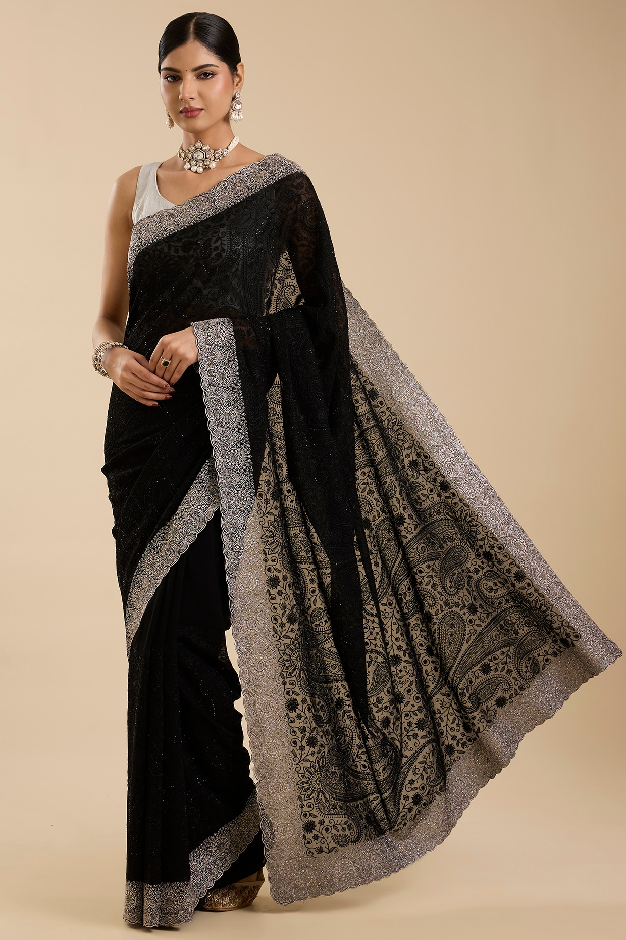 NARMADESHWARI Black Georgette Resham Work Saree Set