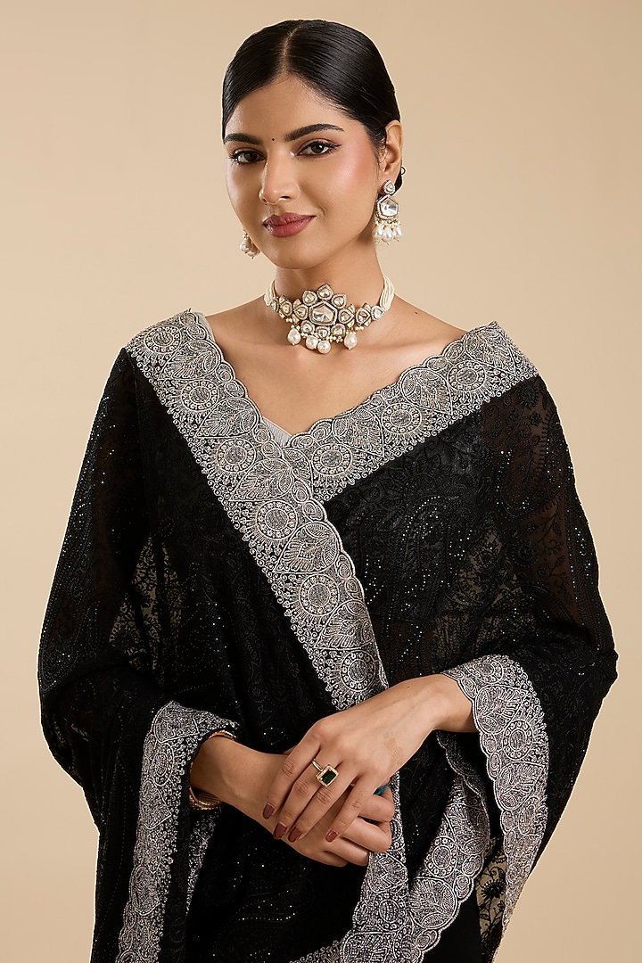 Black Georgette Resham Work Festive Saree Set by NARMADESHWARI at Pernia's Pop Up Shop