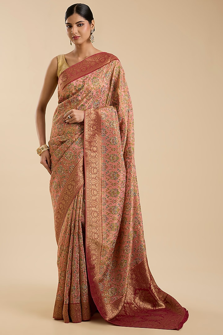 Light Peach Tissue Zari Embroidered Party Wear Saree Set by NARMADESHWARI at Pernia's Pop Up Shop