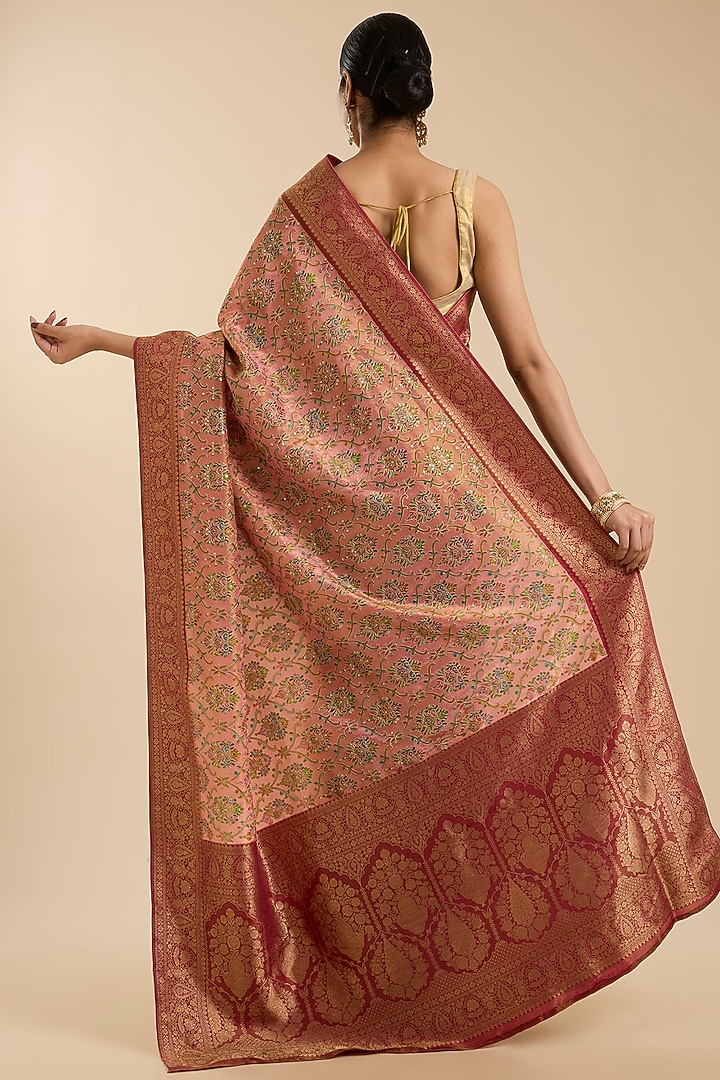 Light Peach Tissue Zari Embroidered Party Wear Saree Set by NARMADESHWARI at Pernia's Pop Up Shop