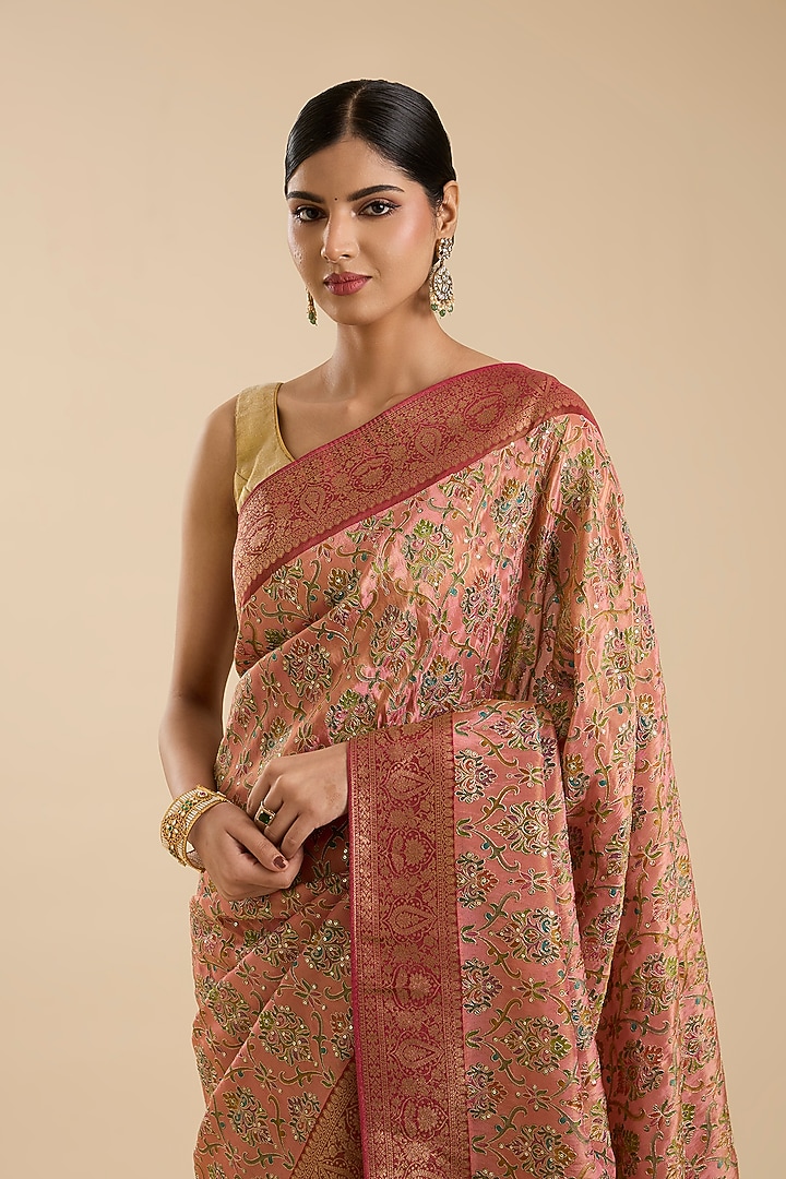 Light Peach Tissue Zari Embroidered Party Wear Saree Set by NARMADESHWARI at Pernia's Pop Up Shop