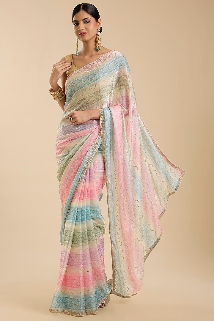 Multi-Coloured Crepe Sequin Embellished Festive Saree Set by NARMADESHWARI at Pernia's Pop Up Shop