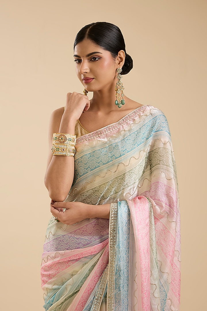 Multi-Coloured Crepe Sequin Embellished Festive Saree Set by NARMADESHWARI at Pernia's Pop Up Shop