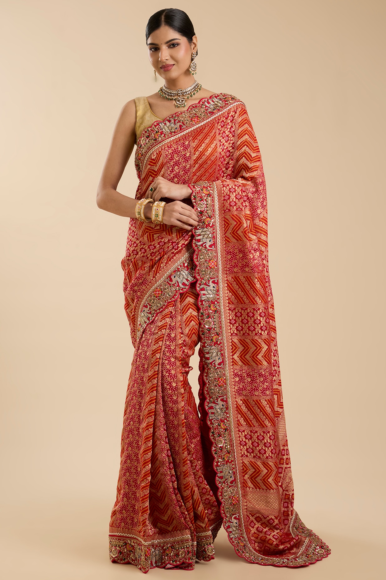 NARMADESHWARI Red Khadi Georgette Zari Embroidered Saree Set