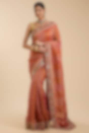 Red Khadi Georgette Zari Embroidered Party Wear Saree Set by NARMADESHWARI at Pernia's Pop Up Shop