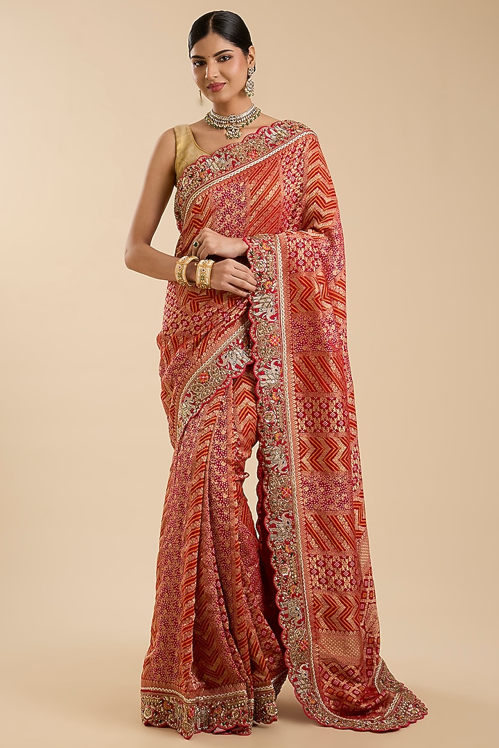 Red Khadi Georgette Zari Embroidered Party Wear Saree Set by NARMADESHWARI at Pernia's Pop Up Shop