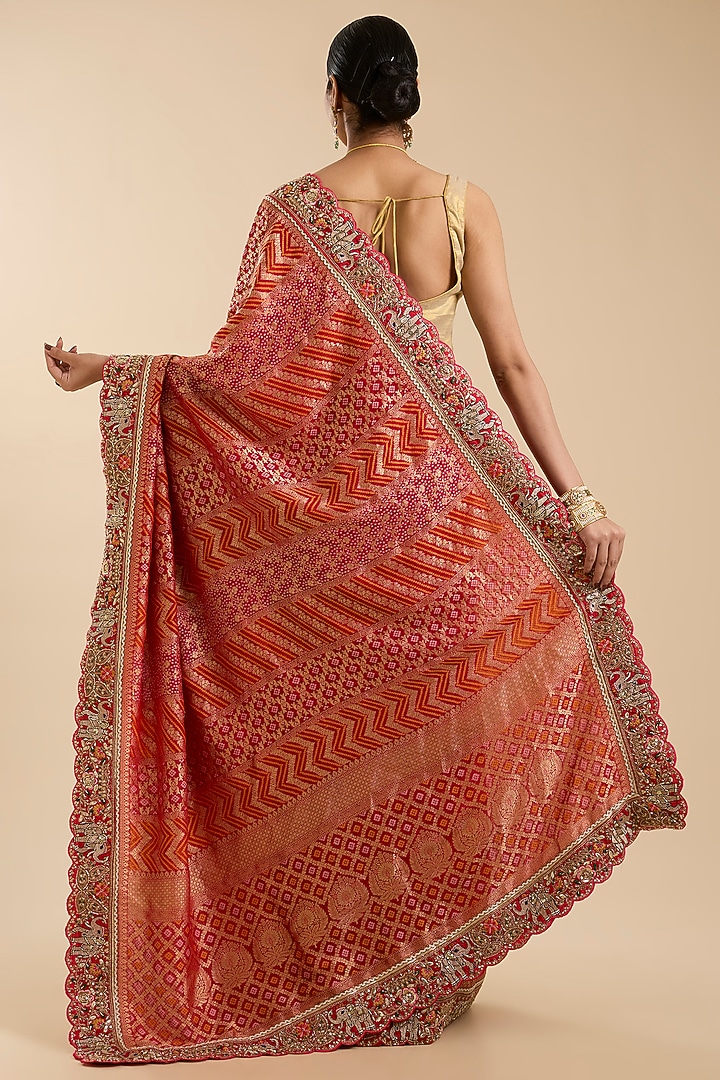 Red Khadi Georgette Zari Embroidered Party Wear Saree Set by NARMADESHWARI at Pernia's Pop Up Shop