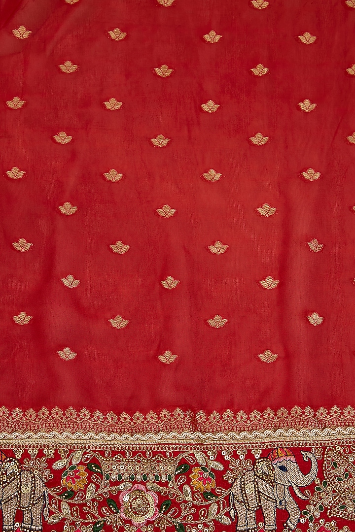 Red Khadi Georgette Zari Embroidered Party Wear Saree Set by NARMADESHWARI at Pernia's Pop Up Shop