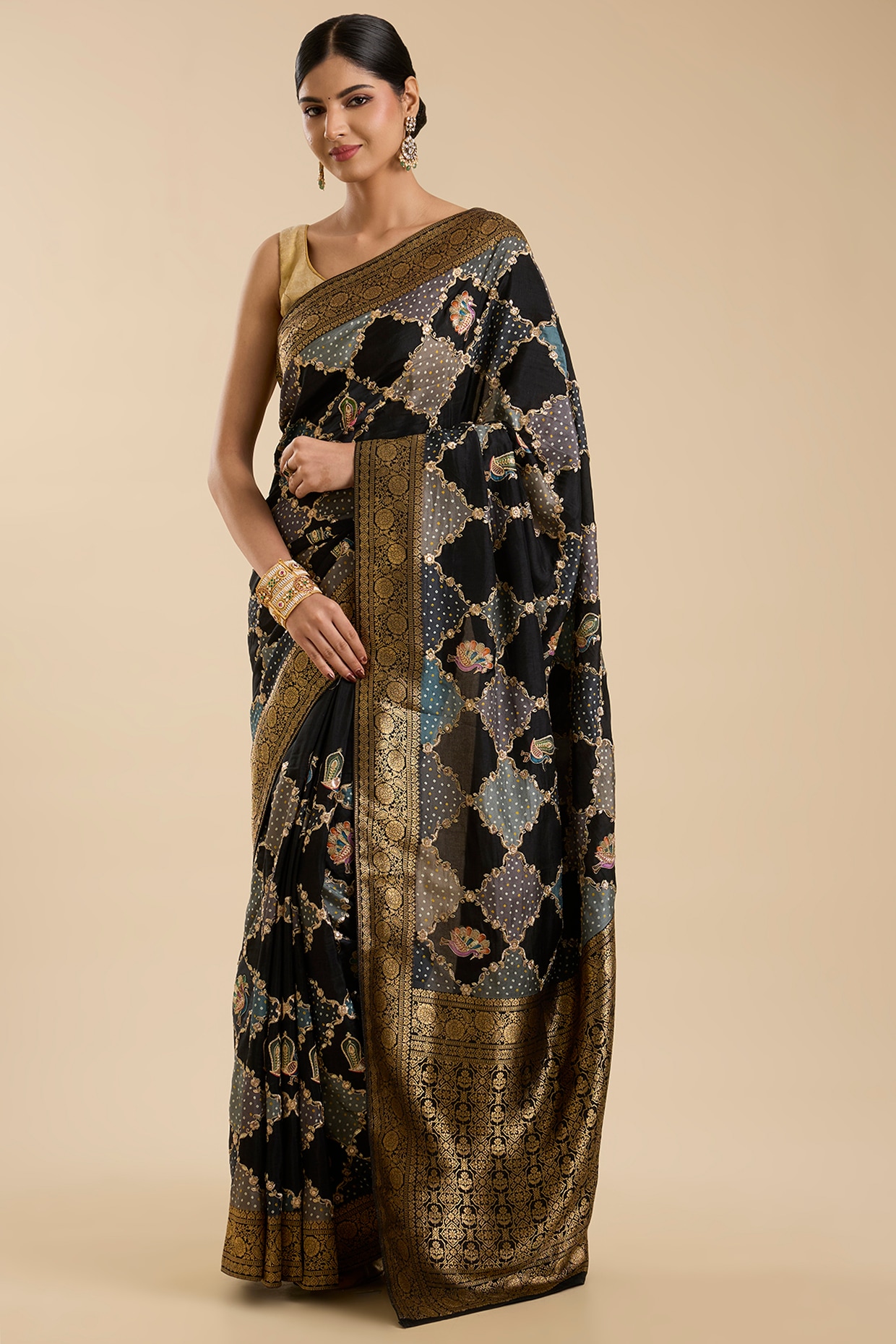 NARMADESHWARI Grey Pashmina Silk Zari Embroidered Saree Set