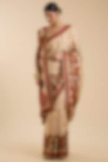 Beige Pashmina Silk Motif Embroidered Party Wear Saree Set by NARMADESHWARI at Pernia's Pop Up Shop