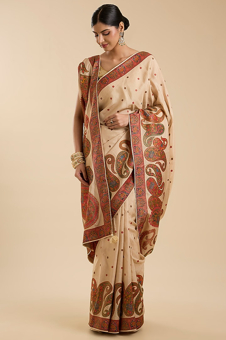 Beige Pashmina Silk Motif Embroidered Party Wear Saree Set by NARMADESHWARI at Pernia's Pop Up Shop