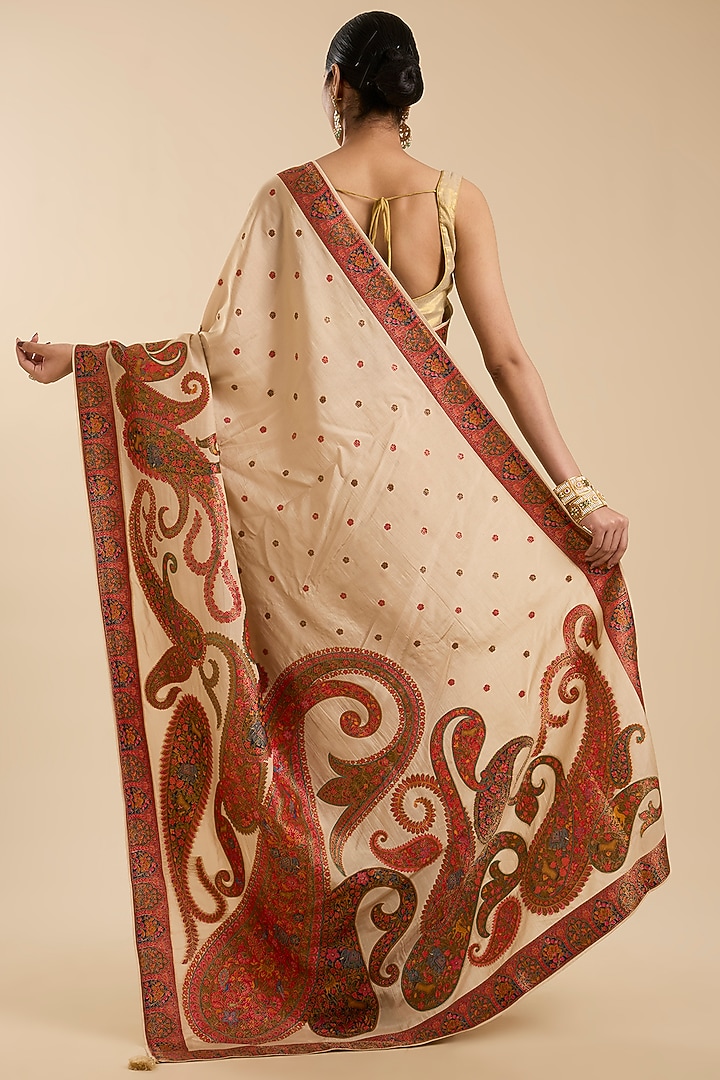 Beige Pashmina Silk Motif Embroidered Party Wear Saree Set by NARMADESHWARI at Pernia's Pop Up Shop