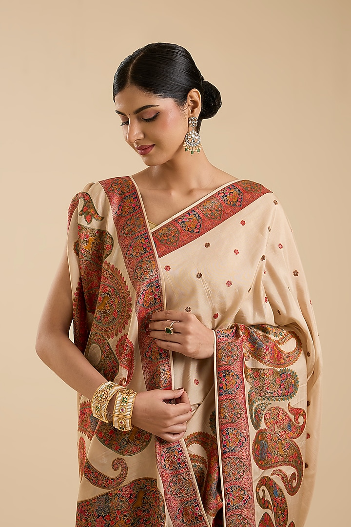 Beige Pashmina Silk Motif Embroidered Party Wear Saree Set by NARMADESHWARI at Pernia's Pop Up Shop