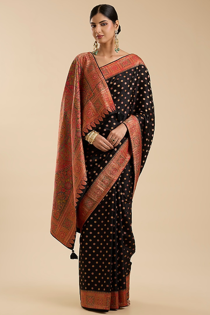 Black Pashmina Silk Motif Embroidered Party Wear Saree Set by NARMADESHWARI at Pernia's Pop Up Shop