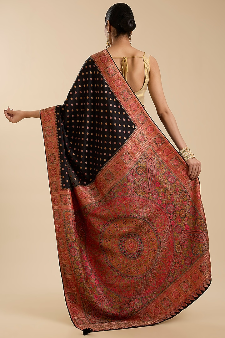 Black Pashmina Silk Motif Embroidered Party Wear Saree Set by NARMADESHWARI at Pernia's Pop Up Shop