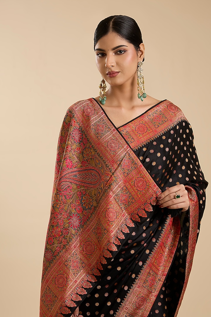 Black Pashmina Silk Motif Embroidered Party Wear Saree Set by NARMADESHWARI at Pernia's Pop Up Shop