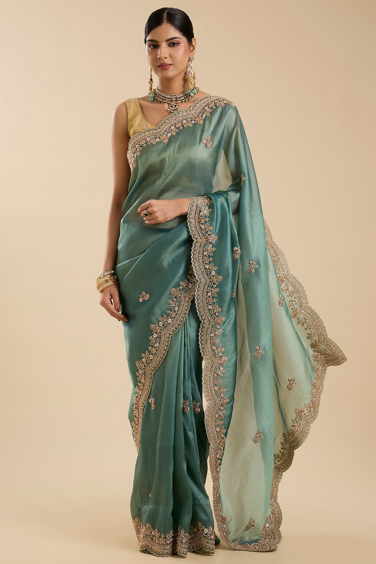 NARMADESHWARI Sky Blue Tissue Cutdana Embroidered Saree Set