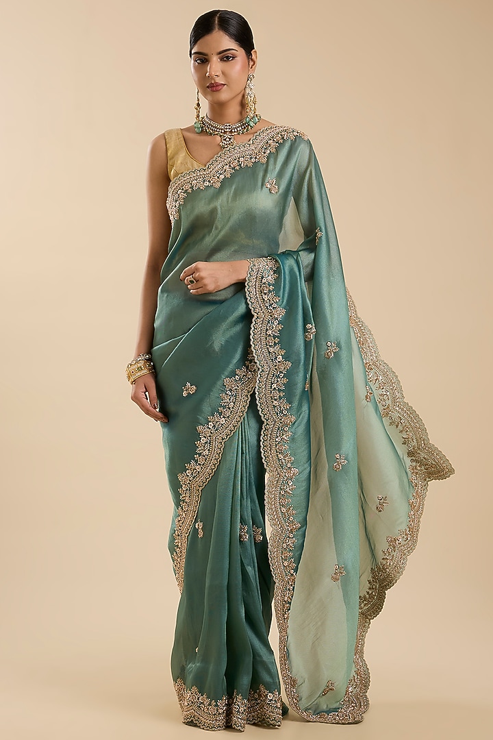 Sky Blue Tissue Cutdana Embroidered Festive Saree Set by NARMADESHWARI at Pernia's Pop Up Shop