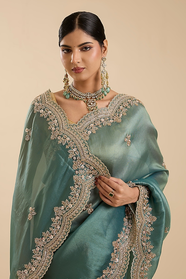Sky Blue Tissue Cutdana Embroidered Festive Saree Set by NARMADESHWARI at Pernia's Pop Up Shop