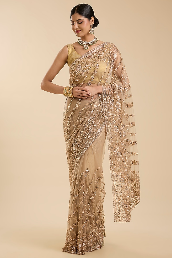 Golden Net Cutdana & Sequin Embellished Party Wear Saree Set by NARMADESHWARI at Pernia's Pop Up Shop
