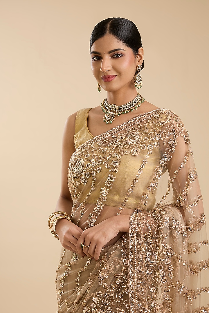Golden Net Cutdana & Sequin Embellished Party Wear Saree Set by NARMADESHWARI at Pernia's Pop Up Shop