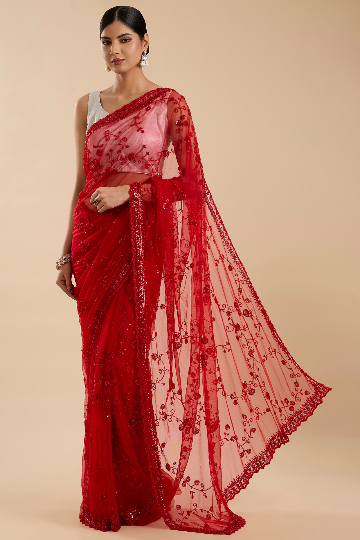 NARMADESHWARI Red Net Cutdana & Sequin Embellished Saree Set