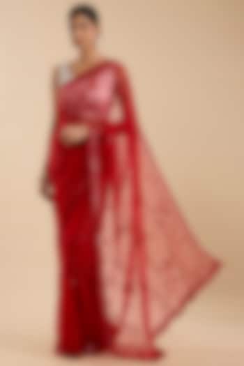 Red Net Cutdana & Sequin Embellished Party Wear Saree Set by NARMADESHWARI at Pernia's Pop Up Shop