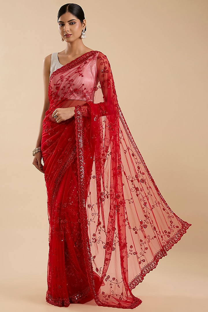 Red Net Cutdana & Sequin Embellished Party Wear Saree Set by NARMADESHWARI at Pernia's Pop Up Shop