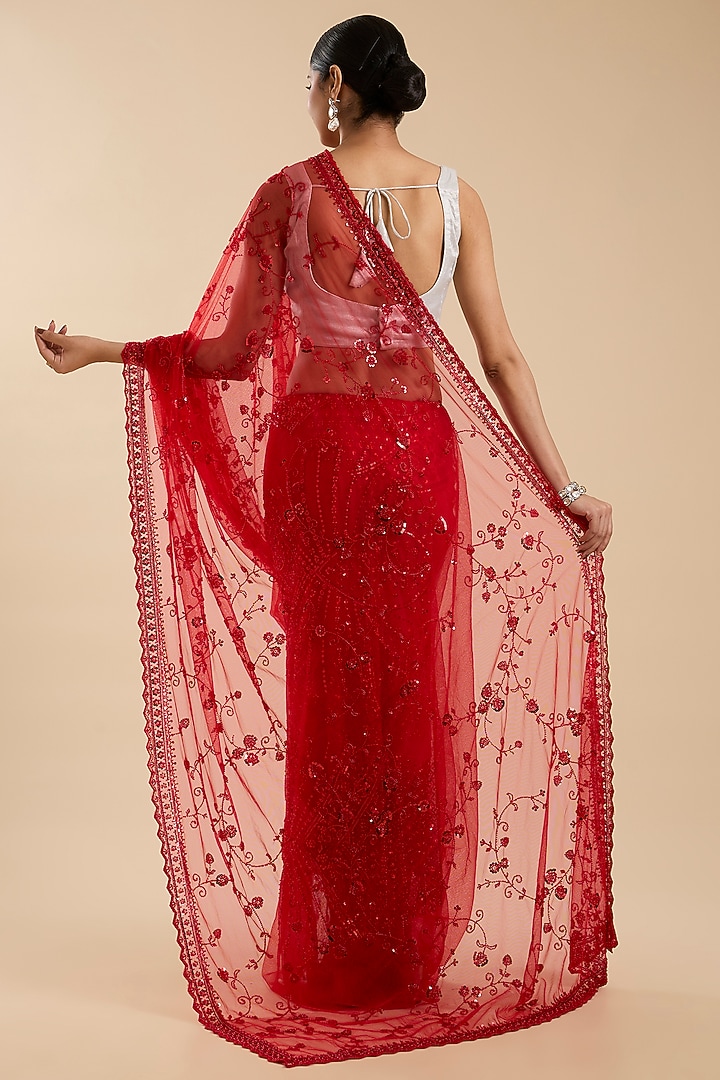 Red Net Cutdana & Sequin Embellished Party Wear Saree Set by NARMADESHWARI at Pernia's Pop Up Shop