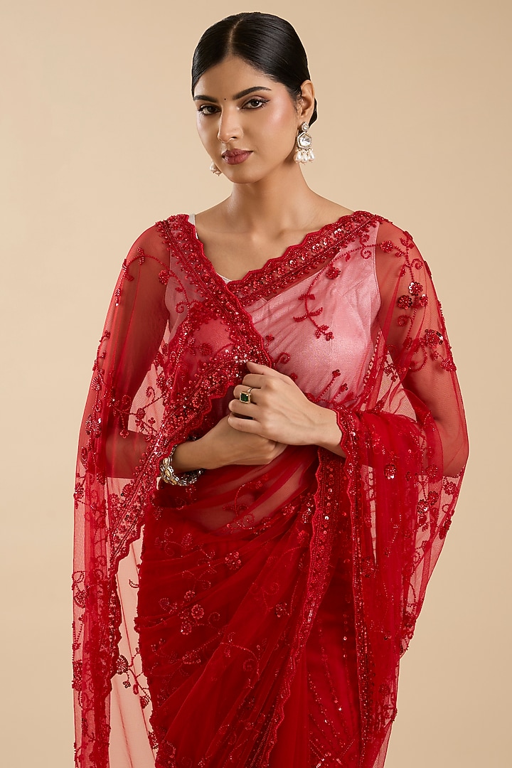 Red Net Cutdana & Sequin Embellished Party Wear Saree Set by NARMADESHWARI at Pernia's Pop Up Shop