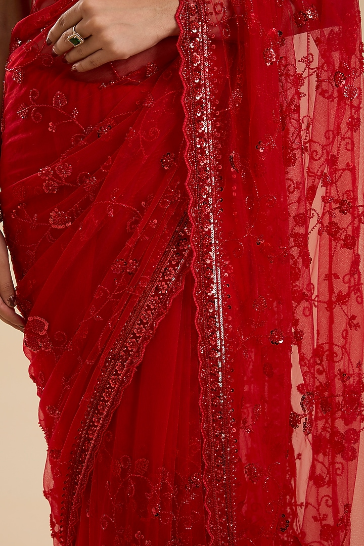 Red Net Cutdana & Sequin Embellished Party Wear Saree Set by NARMADESHWARI at Pernia's Pop Up Shop