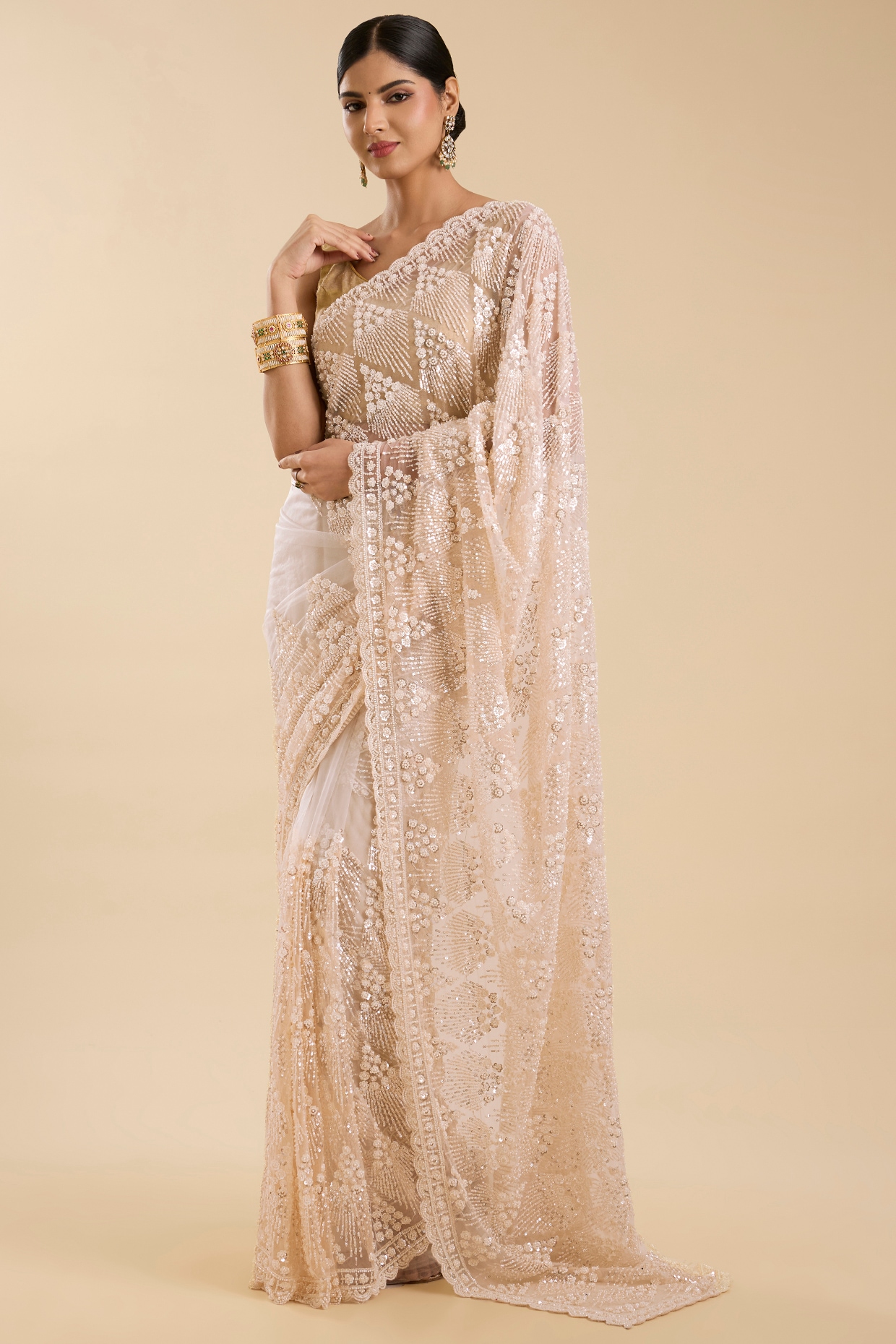 NARMADESHWARI Beige Net Cutdana & Sequin Embellished Saree Set