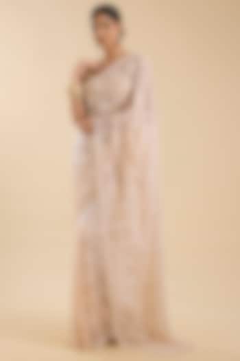 Beige Net Cutdana & Sequin Embellished Party Wear Saree Set by NARMADESHWARI at Pernia's Pop Up Shop