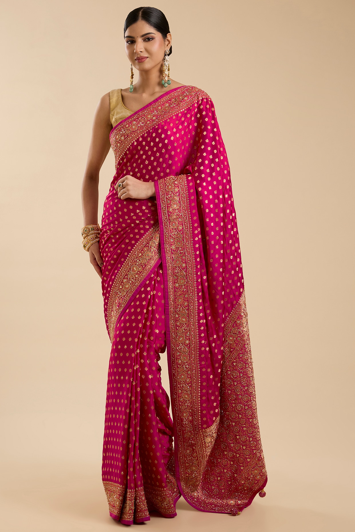 NARMADESHWARI Magenta Satin Silk Zari & Cutdana Embroidered Saree Set