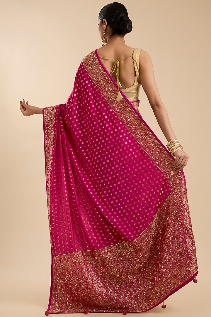 Magenta Satin Silk Zari & Cutdana Embroidered Party Wear Saree Set by NARMADESHWARI at Pernia's Pop Up Shop