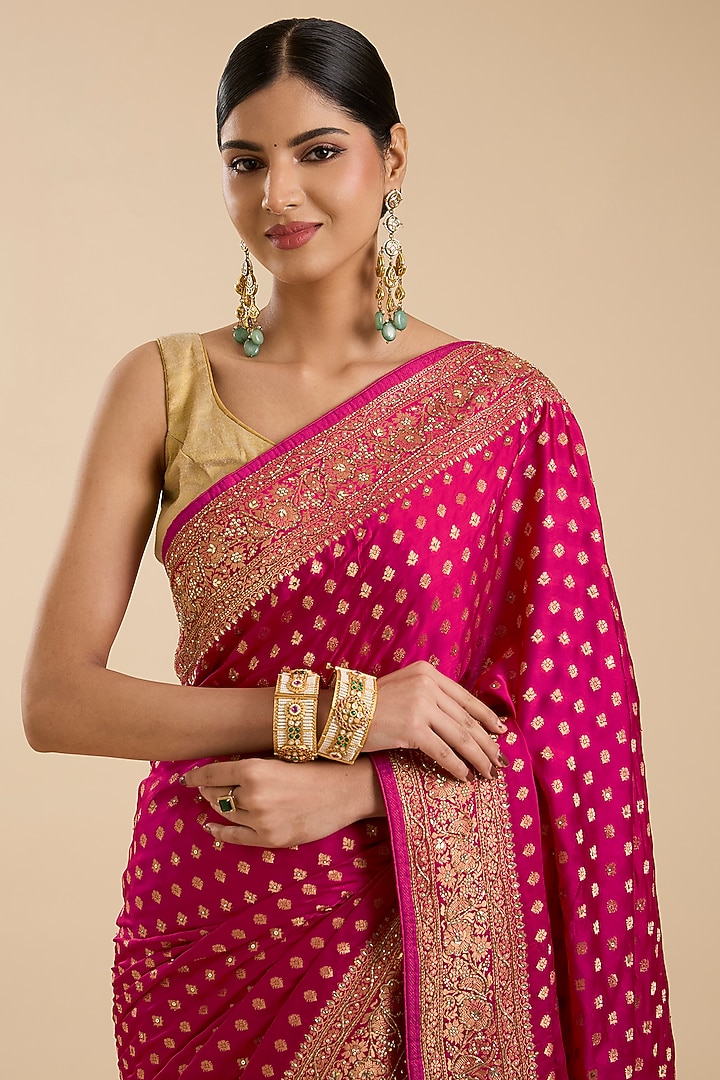 Magenta Satin Silk Zari & Cutdana Embroidered Party Wear Saree Set by NARMADESHWARI at Pernia's Pop Up Shop