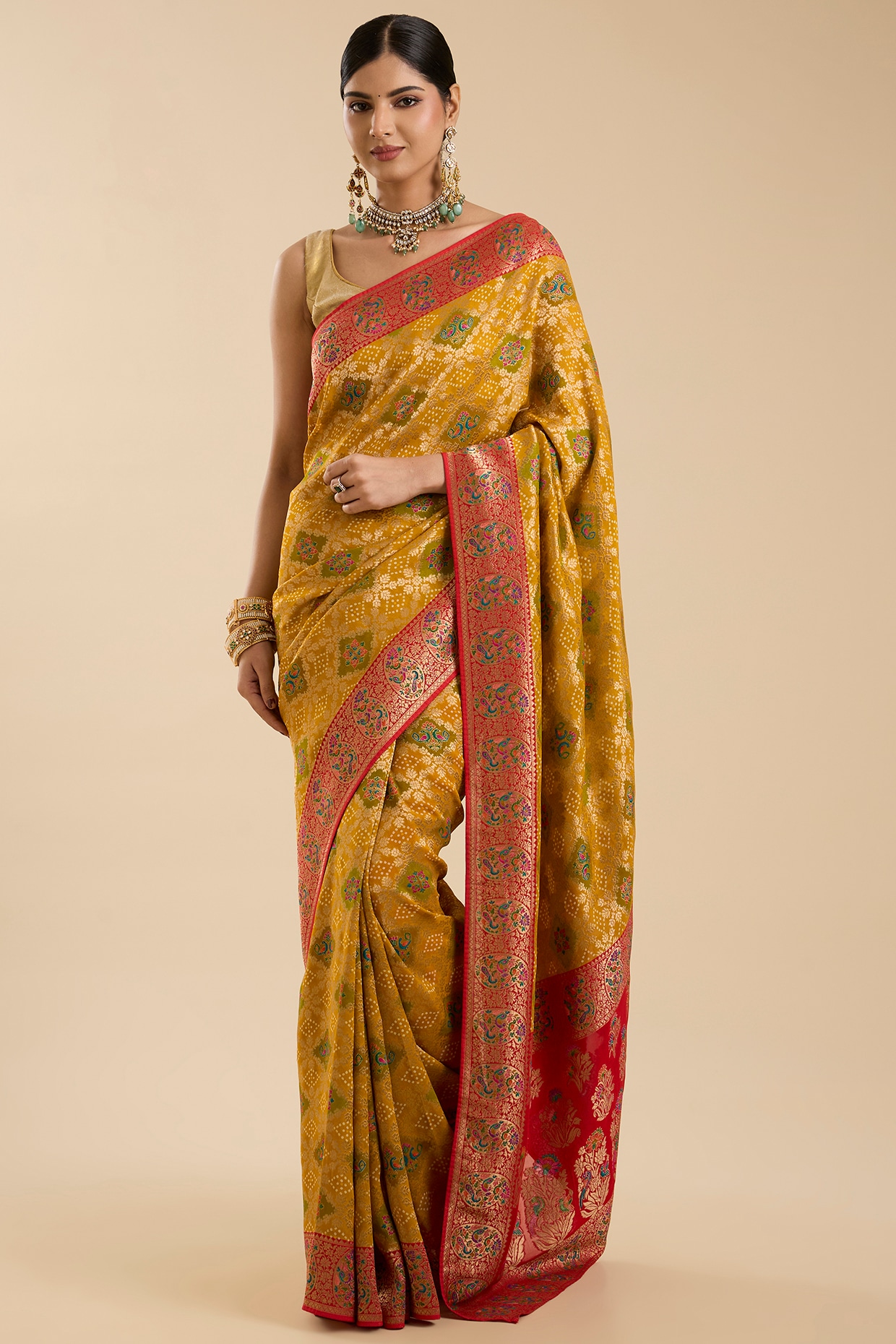 NARMADESHWARI Mustard Khadi Georgette Floral Zari Embroidered Saree Set