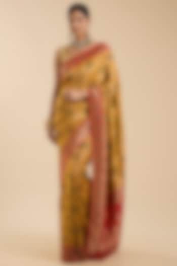 Mustard Khadi Georgette Floral Zari Embroidered Party Wear Saree Set by NARMADESHWARI at Pernia's Pop Up Shop