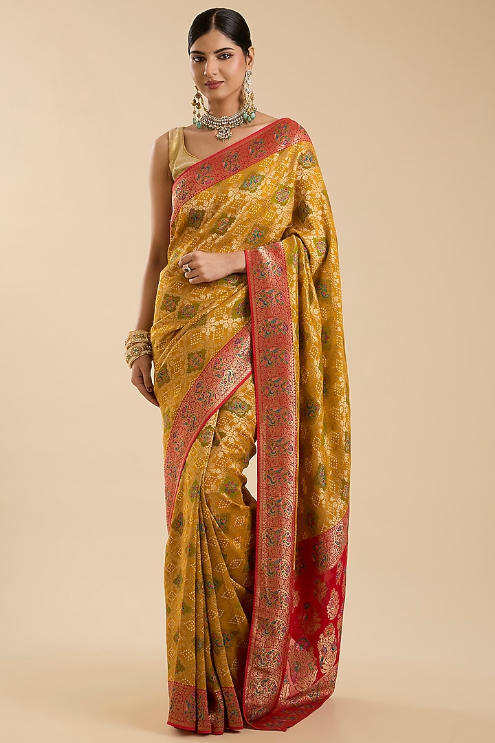 Mustard Khadi Georgette Floral Zari Embroidered Party Wear Saree Set by NARMADESHWARI at Pernia's Pop Up Shop