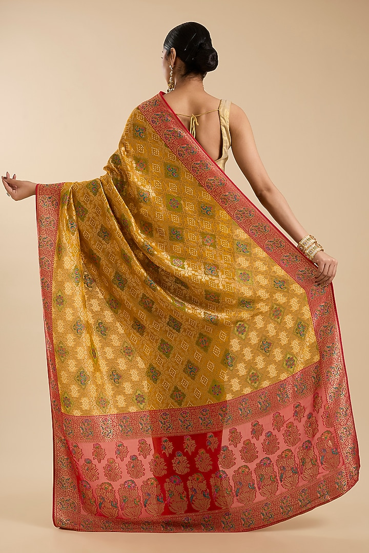 Mustard Khadi Georgette Floral Zari Embroidered Party Wear Saree Set by NARMADESHWARI at Pernia's Pop Up Shop