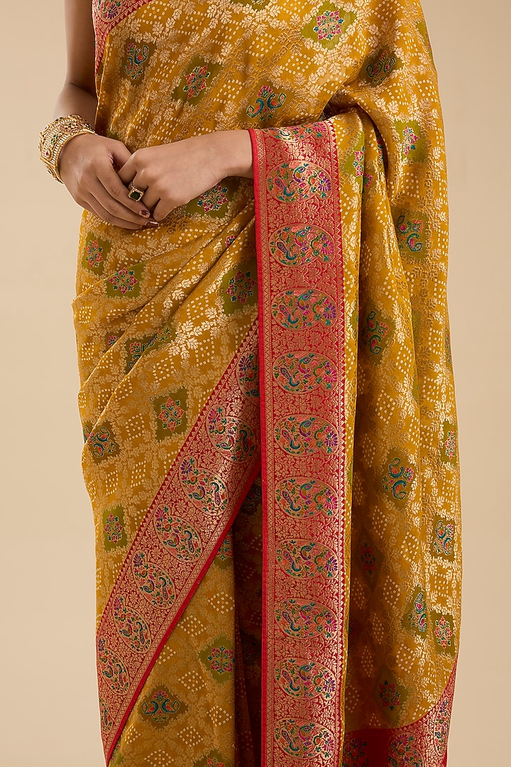 Mustard Khadi Georgette Floral Zari Embroidered Party Wear Saree Set by NARMADESHWARI at Pernia's Pop Up Shop