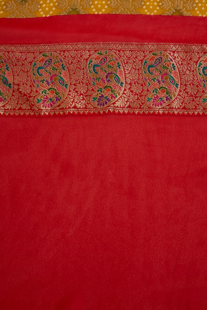 Mustard Khadi Georgette Floral Zari Embroidered Party Wear Saree Set by NARMADESHWARI at Pernia's Pop Up Shop