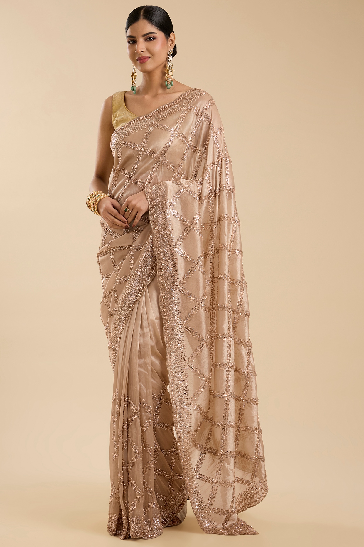 NARMADESHWARI Sky Blue Tissue Cutdana Embroidered Saree Set
