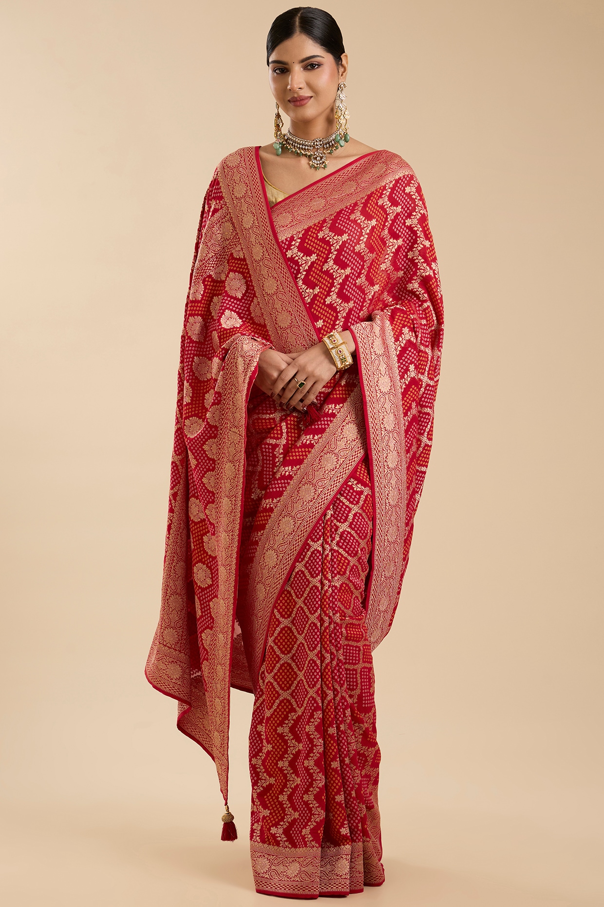 NARMADESHWARI Red Khadi Georgette Zari Embroidered Saree Set