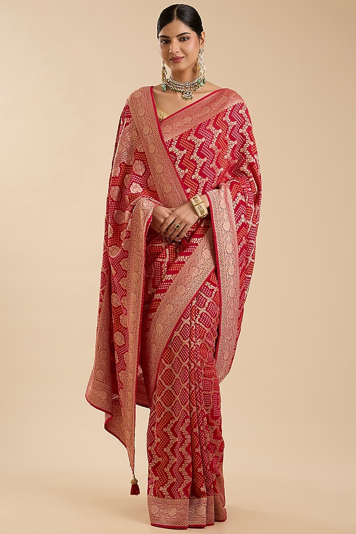 Red Khadi Georgette Zari Embroidered Festive Saree Set by NARMADESHWARI at Pernia's Pop Up Shop