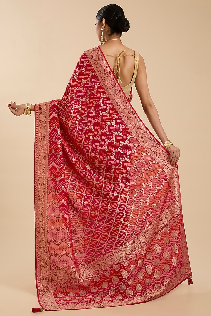 Red Khadi Georgette Zari Embroidered Festive Saree Set by NARMADESHWARI at Pernia's Pop Up Shop