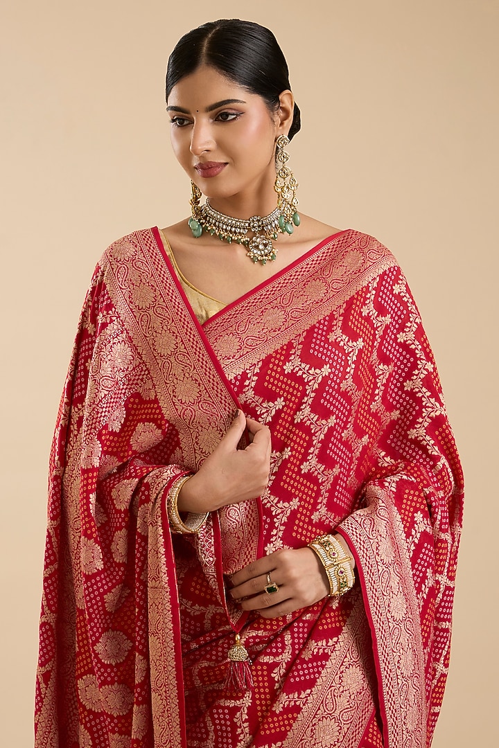Red Khadi Georgette Zari Embroidered Festive Saree Set by NARMADESHWARI at Pernia's Pop Up Shop
