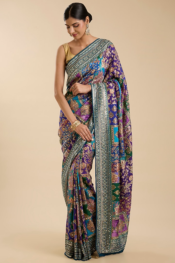 Multi-Coloured Crepe Zari & Mirror Embroidered Party Wear Saree Set by NARMADESHWARI at Pernia's Pop Up Shop